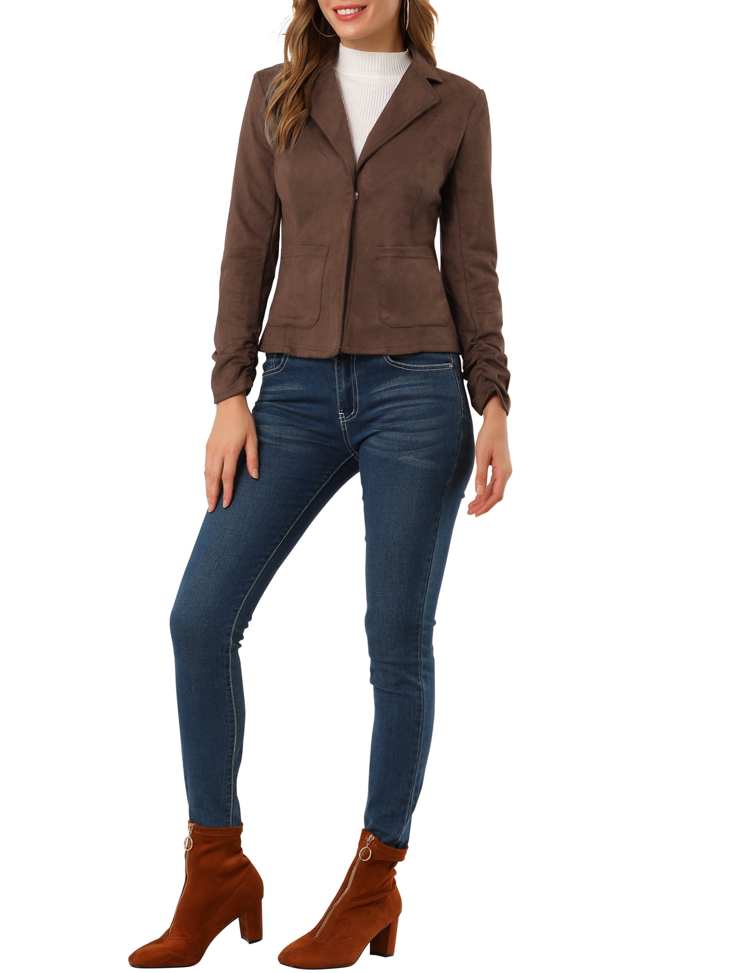 DARING DIVA Women's Long Sleeve Open Front Faux Suede Blazer S Brown