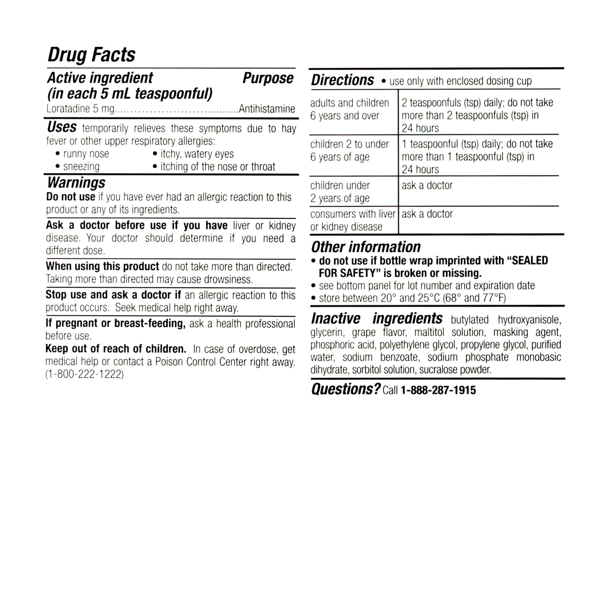 (3 pack) Equate Children's 24-Hour Non-Drowsy Loratadine Allergy Relief Oral Solution, Dye-Free Grape Flavor, Ages 2 Years and Older, 4 fl oz