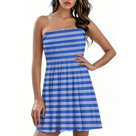 OAMDNDEA Beach Dresses for Women Sleeveless Stripe Print Summer Dresses Strapless Beach Coverups Cute Plus Size Off the Shoulder Tube Top Dress Beach Vacation Clothes Purple 3XL