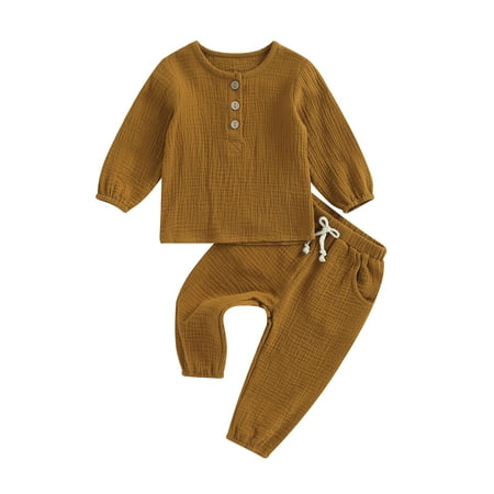 

GXFC Toddler Baby Boys Girl Fall Outfits Kids Long Sleeve Button Down Solid Sweatshirt Tops and Pants Children Autumn Two Piece Set 6M-5T