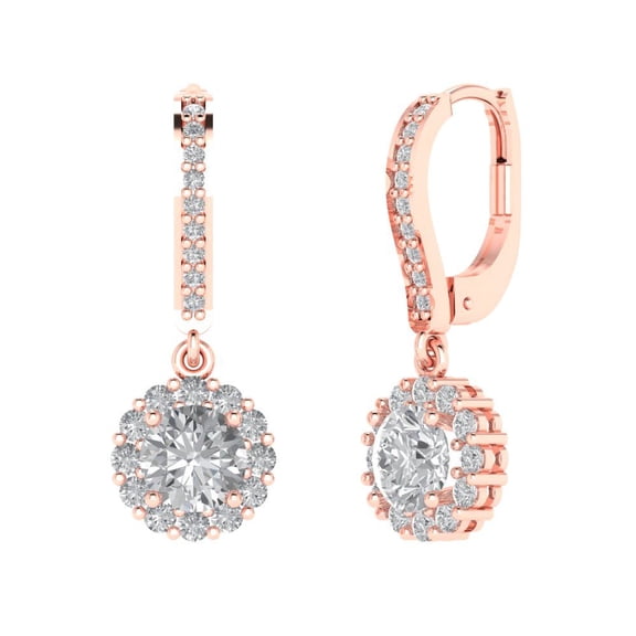 2.235 ct Lever-Back Drop Dangle Earrings for Women | 6mm Round Cut White Sapphire | 18K Rose Gold