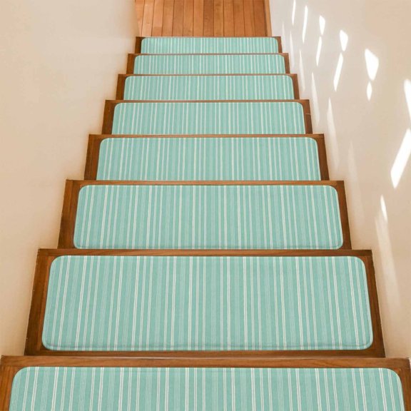 Teal Green Striped Stair Treads Non Slip for Steps Minimalism Stripes Modern Vintage Farmhouse 7 Pcs Reusable Adhesive Stair Runner Mats for Dogs Elders Carpet Treads Rugs for Staircase 8x30 In