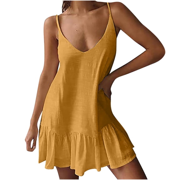 Jalioing Summer Beach Cami Mini Dress for Women Cotton Linen Spaghetti Strap Dresses Casual Vacation Sundress
