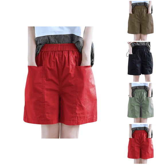 Ahuyic Womens Shorts,Plus Size Pants for Women,Ladies' Casual Loose Solid Color Elastic Waist Shorts,Red,L