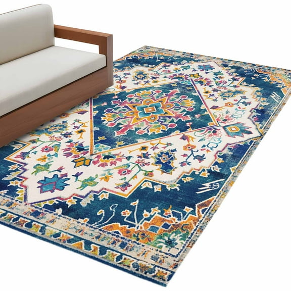 Navy Blue Yellow Area Rug 3x5 FT, Non Slip Entryway Bedside Carpet, Boho Southwestern Ethnic Mexican Flowers Washable Soft Floor Carpet Indoor Mat Non-Shedding Throw Rug for Dorm Kitchen Home Office