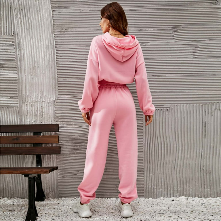 Women Solid Pink Tracksuit Casual Outfit Pants Long Sleeve athleisure  Clothing