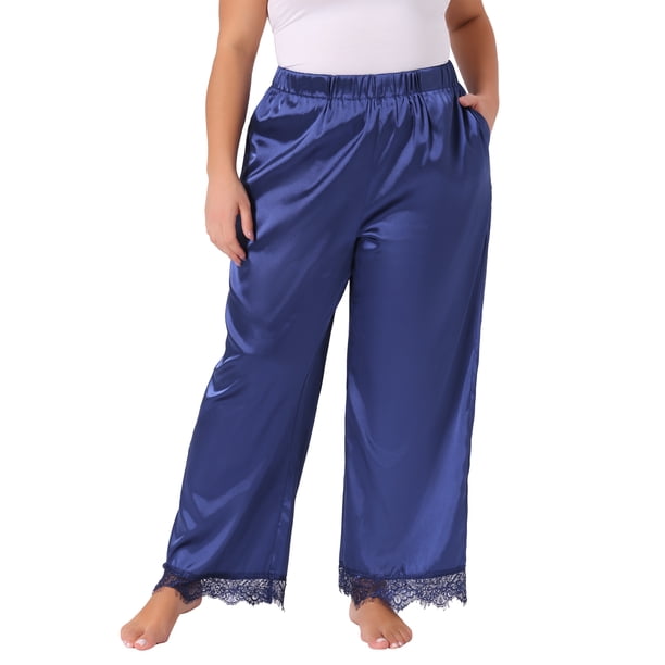 Pantalones de pijama de satén con encaje para mujer de tallas grandes Agnes Orinda, elásticos y suaves, de pierna ancha, 4X, azul real