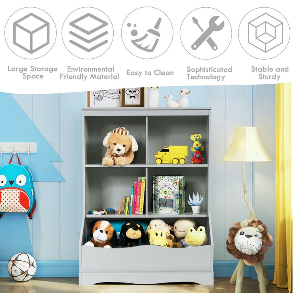Topcobe 3-Tier Children's Multi-Functional Bookcase Toy Storage Bin Floor Cabinet, Kids Toy Storage Organizer-Gray