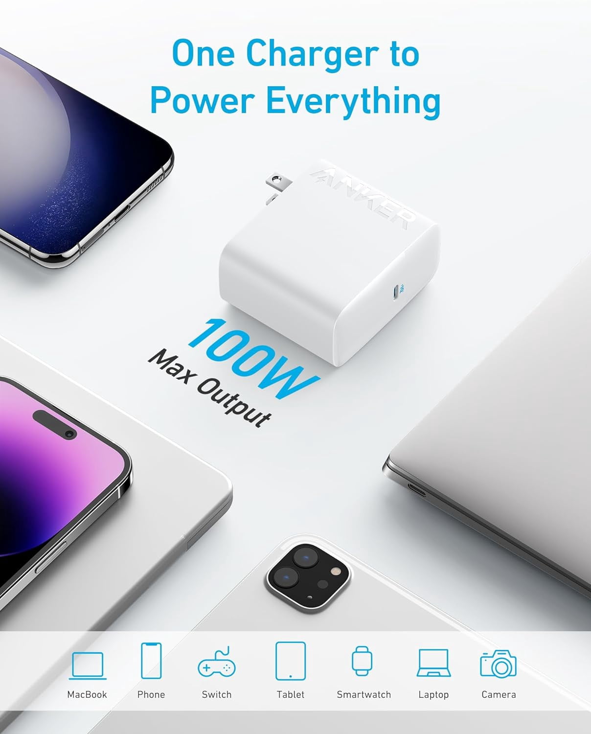 Anker 100W USB C Charger, Compact and Foldable Travel Charger for MacBook Pro, MacBook Air, Samsung Galaxy, iPad Pro, and All USB C Devices, 5 ft USB C to USB C Cable Included