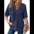 thumbnail image 1 of Blusas de Verano para Mujer, de Punto Gofre, de Corta, con Cordón, Sudaderas con Botones y Cuello en V, Blusas Informales, Camisas. Azul Marino M, 1 of 9