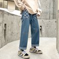 thumbnail image 5 of Men's Patchwork Checkerboard Straight Leg Jeans, Loose Wide Leg Denim Pants Casual Streetwear Trousers, 5 of 5