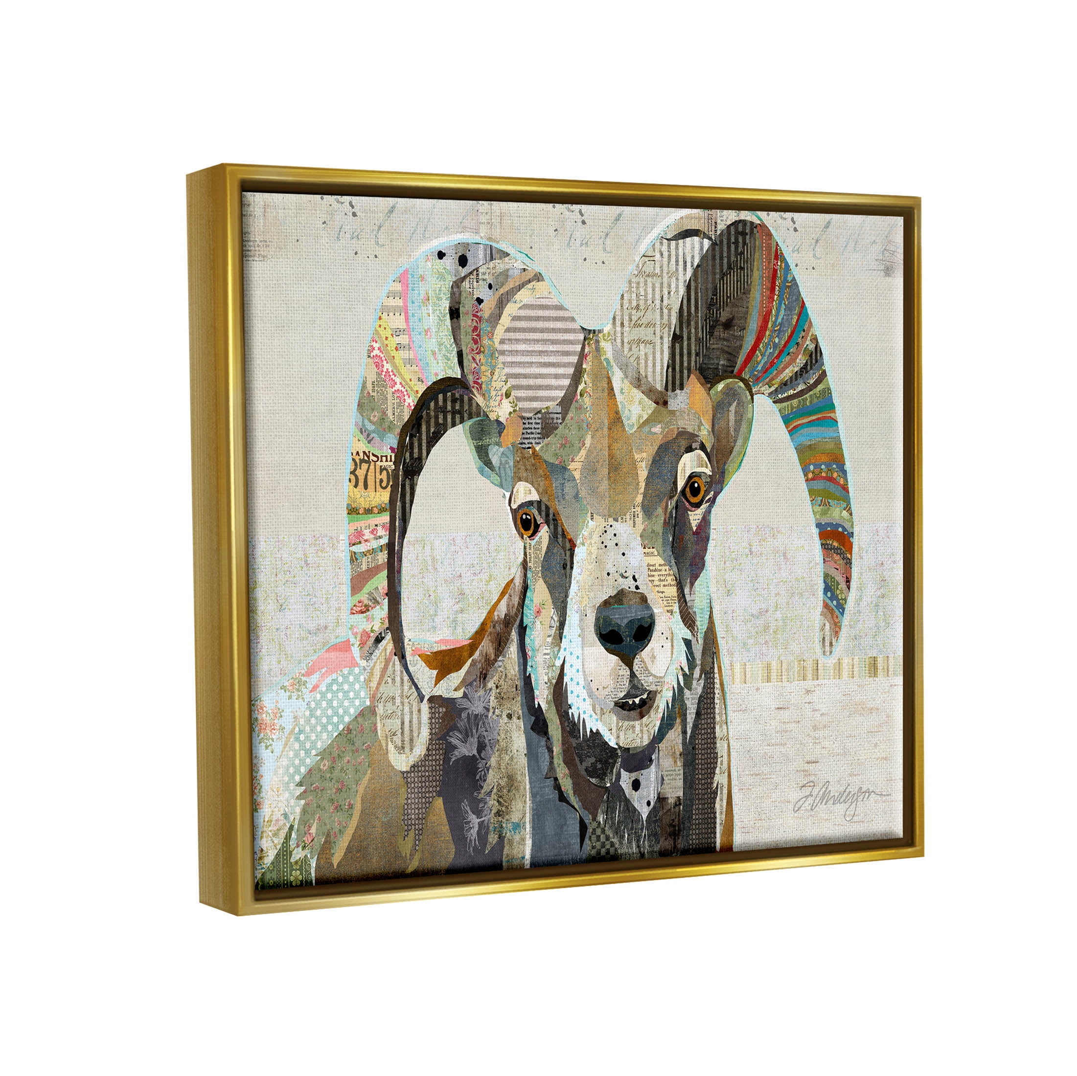 Stupell Industries Goat Striped Horns Ephemera Collage Graphic Art Metallic Gold Floating Framed Canvas Print Wall Art, Design by Traci Anderson