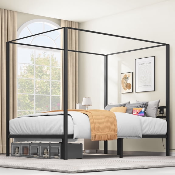 Dextrus Queen Size Four Poster Canopy Bed Frame, No Box Spring Required, Black