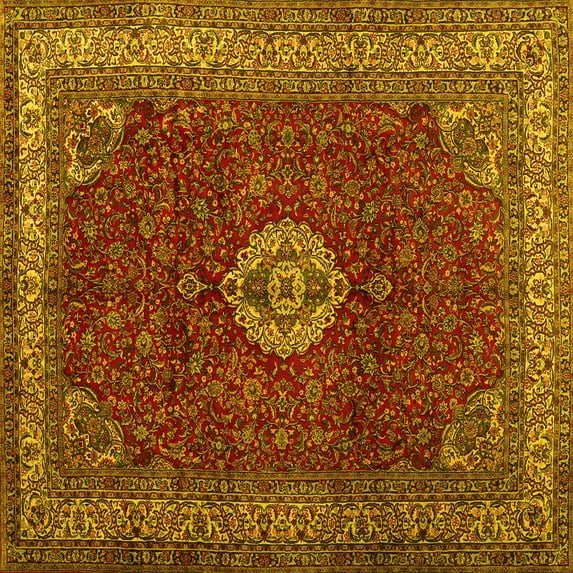Ahgly Company Machine Washable Indoor Square Persian Yellow Traditional Area Rugs, 5' Square
