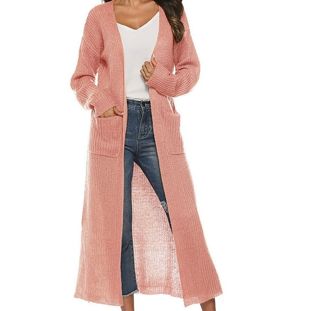 ICHUANYI Liquidación Suéter cárdigan de color sólido para mujer con abertura Bolsillos grandes Abrigo largo y delgado ICHUANYI WER202308172265