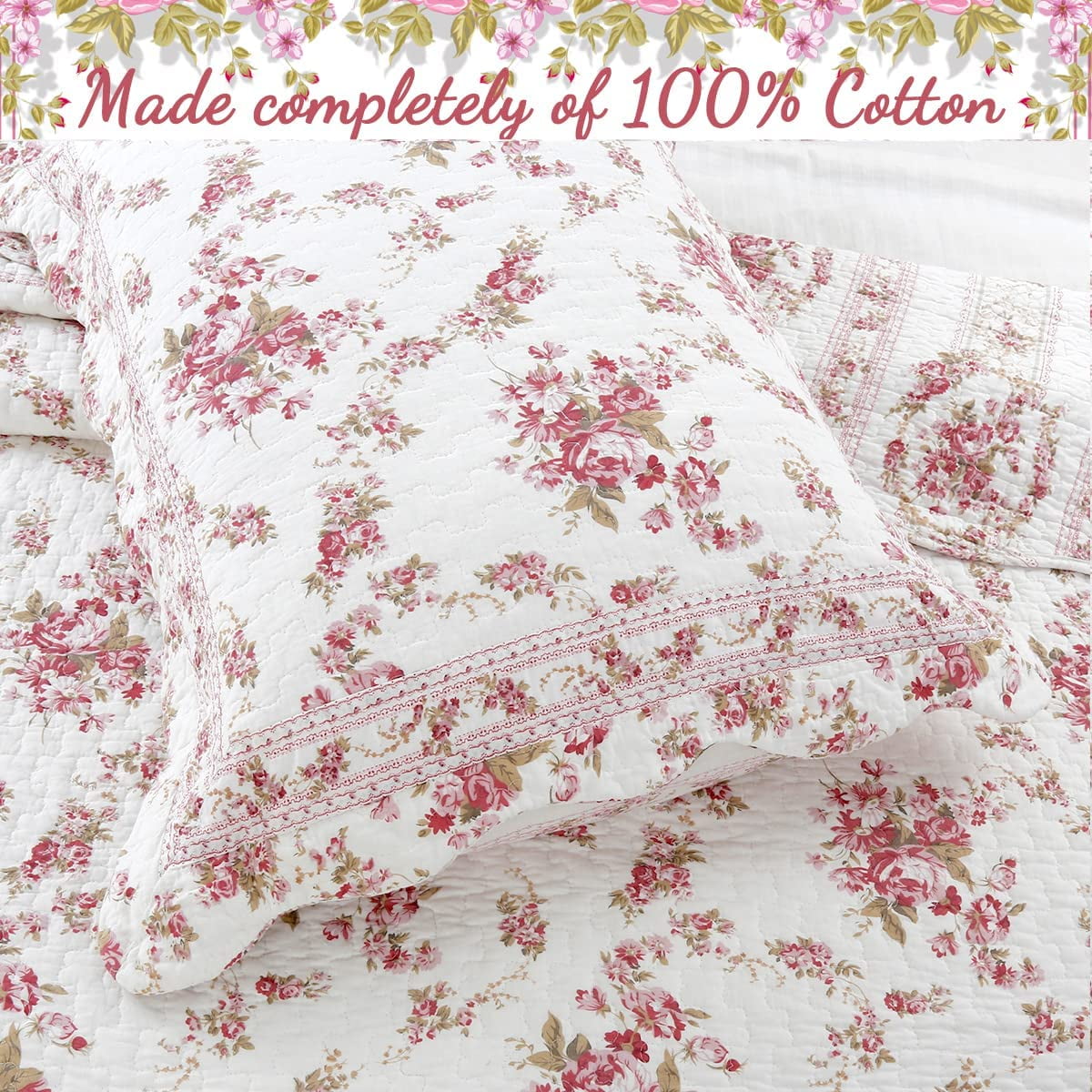 Cozy Line Cottage Vintage Rose Reversible 100% Cotton Quilt Bedding Set, 3-Piece Queen Set