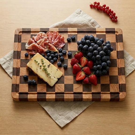 LSFA Checkered Acacia Wood Cutting Board, 16.5"x11.6" Thick Butcher Block with Juice Grooves & Handles, Versatile Serving Tray