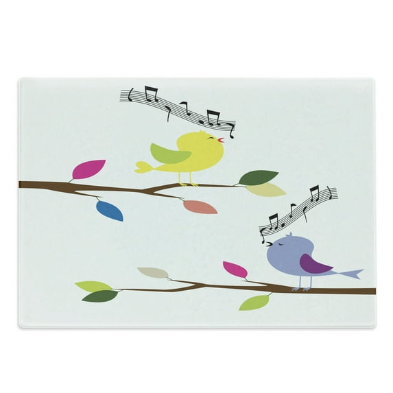 Birds Cutting Board, Colorful Birds Singing on Tree Best Happiness Mascots Humor Illustration, Decorative Tempered Glass Cutting and Serving Board, Large Size, Multicolor, by Ambesonne