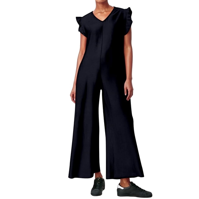 Mono sin mangas para mujer con pantalones anchos y mangas con volantes - Mezcla de lino, vestido para el trabajo, negocios, bailes y cócteles