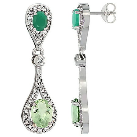 Oval Cabochon Accent - 14K White Gold Natural Green Amethyst & Cabochon Emerald Oval Dangling Earrings White Sapphire & Diamond Accents, 1 3/8 inches long