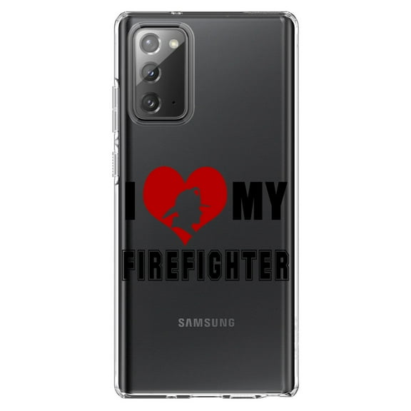 DistinctInk Clear Shockproof Hybrid Case for Samsung Galaxy Note 20 (6.7" Screen) - TPU Bumper Acrylic Back Tempered Glass Screen Protector - I Heart My Firefighter