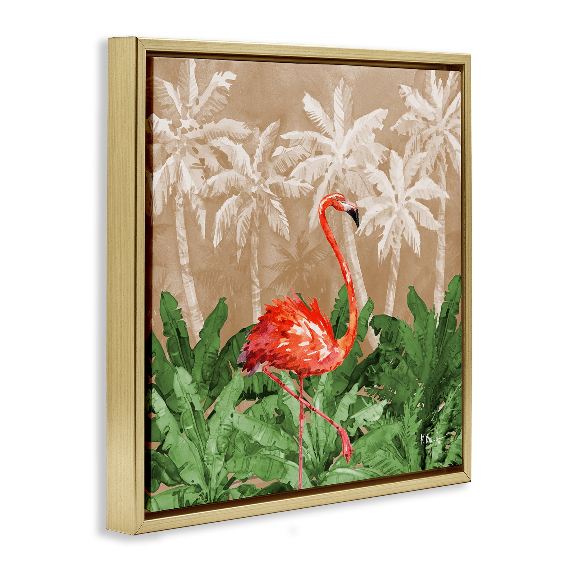 Stupell Industries Jungle Life Flamingo Animals & Insects Painting Gold Floater Framed Canvas Art Print Wall Art, 25 x 25