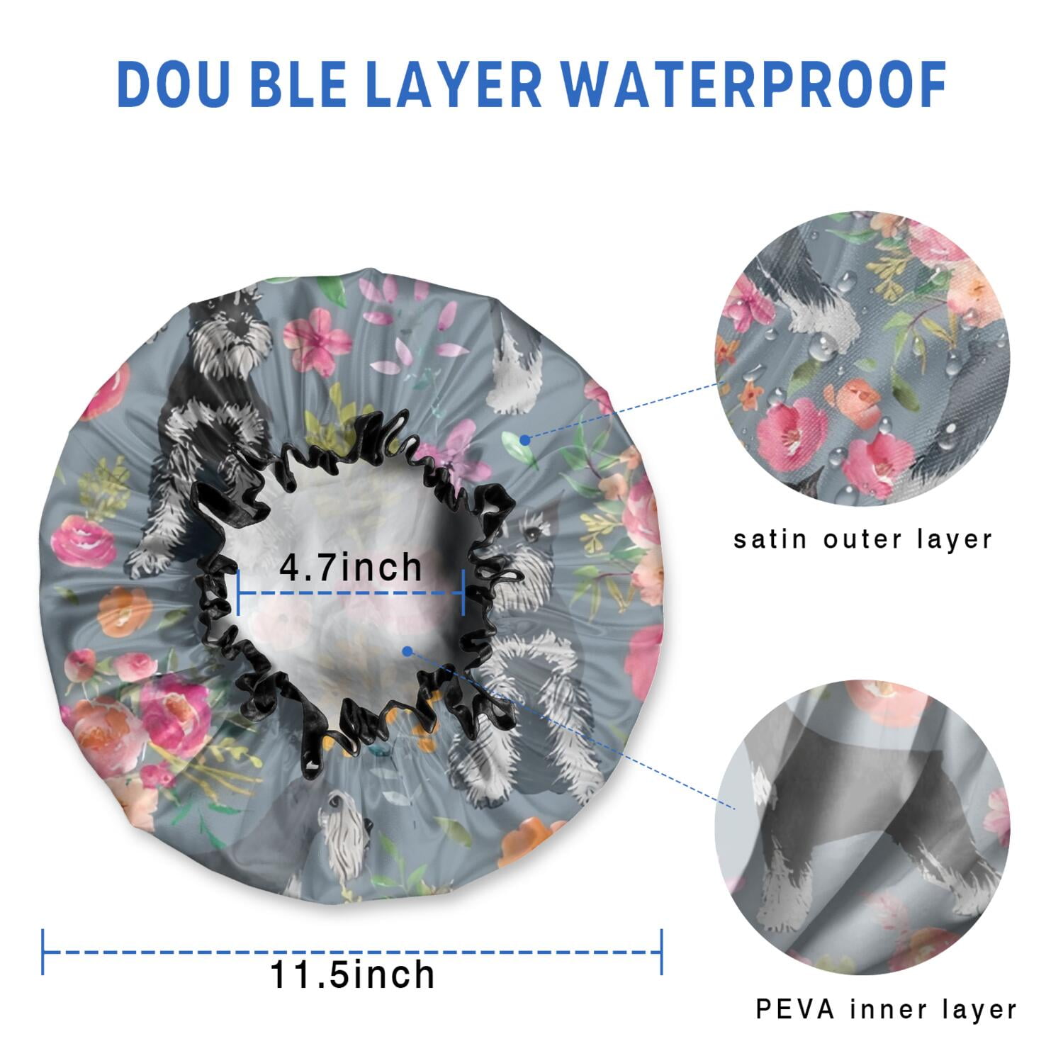 Shower Caps,Schnauzer and Pioneer Flower Waterproof Shower Cap for Women 4 Pieces,Double Reusable Hair Cover for Shower PEVA Elastic Stretch Hem