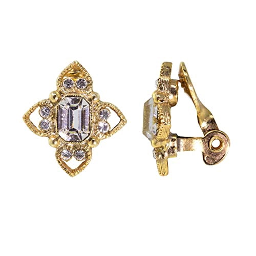 1928 Jewelry Women'S Gold Tone Clear Crystal Rectangle Crystal Floral Clip On Earrings, Gold