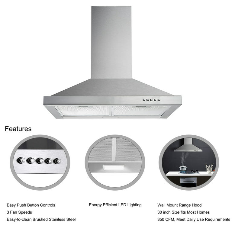 Wall Mount Range Hood 30 inch Stainless Steel Stove Vent Hood with 3 S