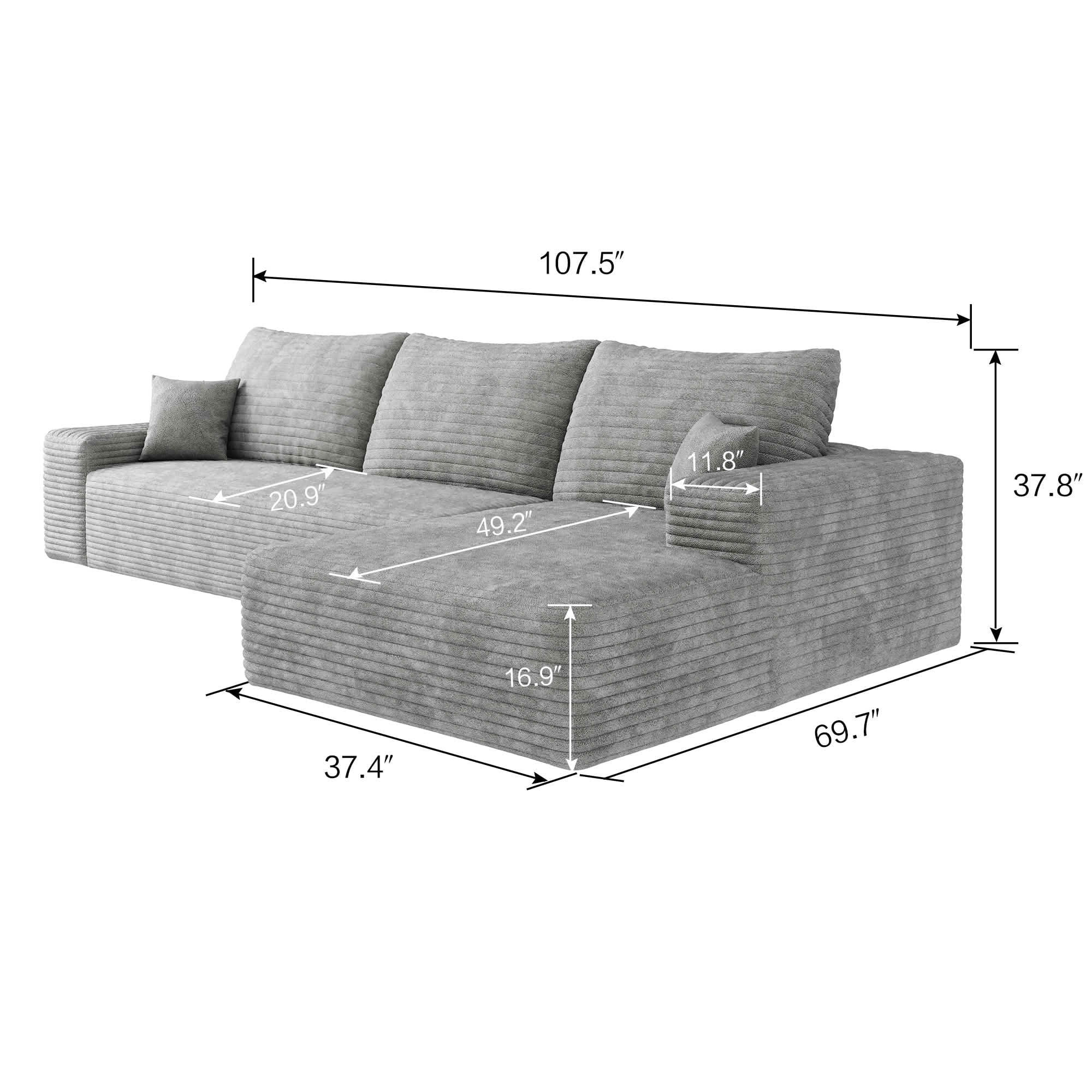 MAYEERTY 107" Cloud Sectional Couch, L-Shape Chaise Modular Sofa, Deep Seat Plush Corduroy, No Assembly, Gray