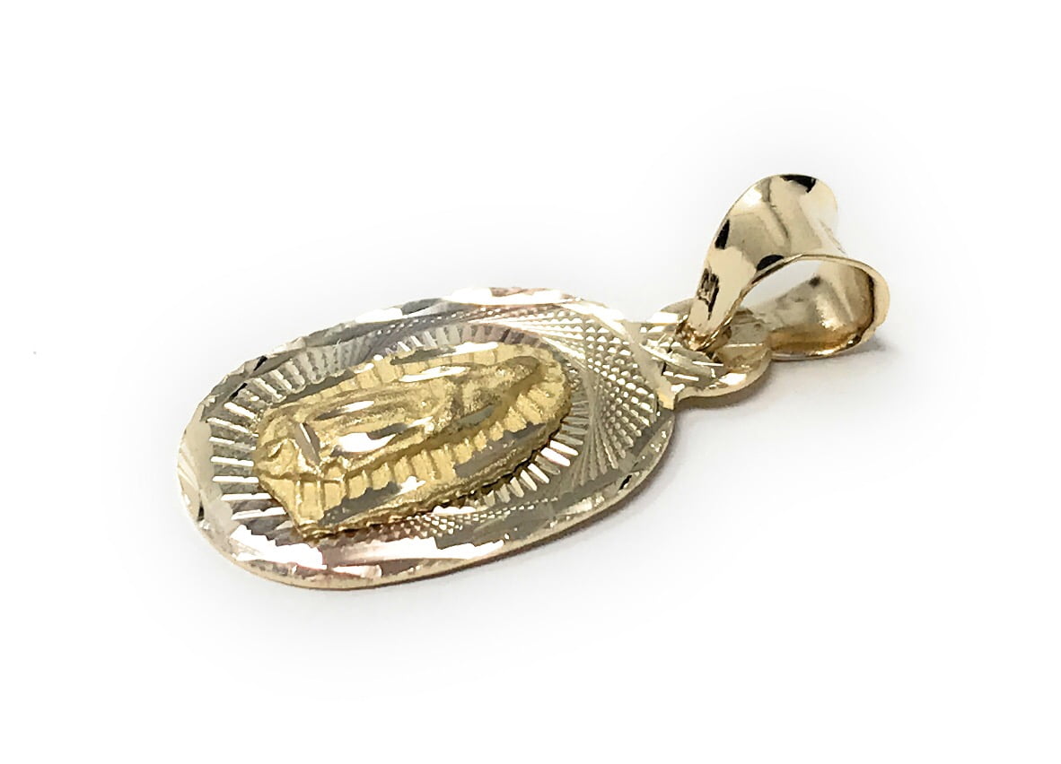Ioka-14K Tri Color Gold Diamond Cut Our Lady of Guadalupe Stamp Charm Pendant with 1.5mm Valentino Chain Necklace - 18"