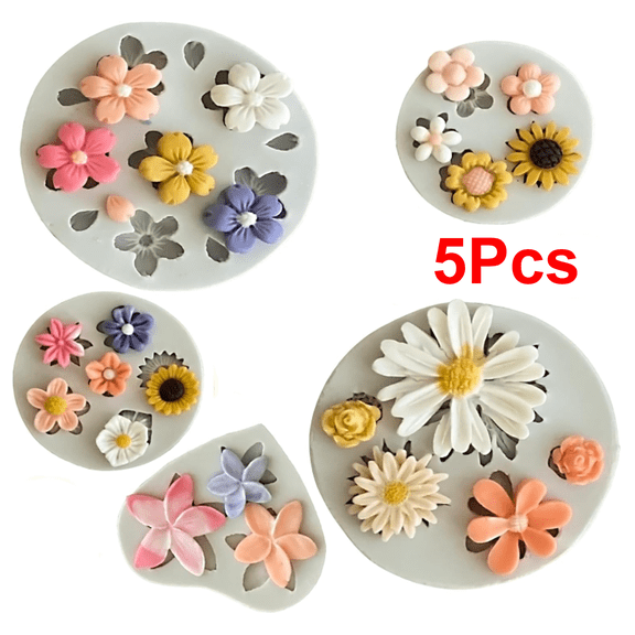 5Pcs Flower Molds Silicone Chocolate Mold Daisy Fondant Polymer Clay Resin Mold Soap Ice Cube Jello Molds for Baking and Cake Cupcake Decorating