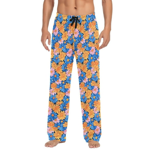 Orange and Blue Flowers joogoo Men's Pajama Pants Cotton Long Sleepwear Lounge Pants L