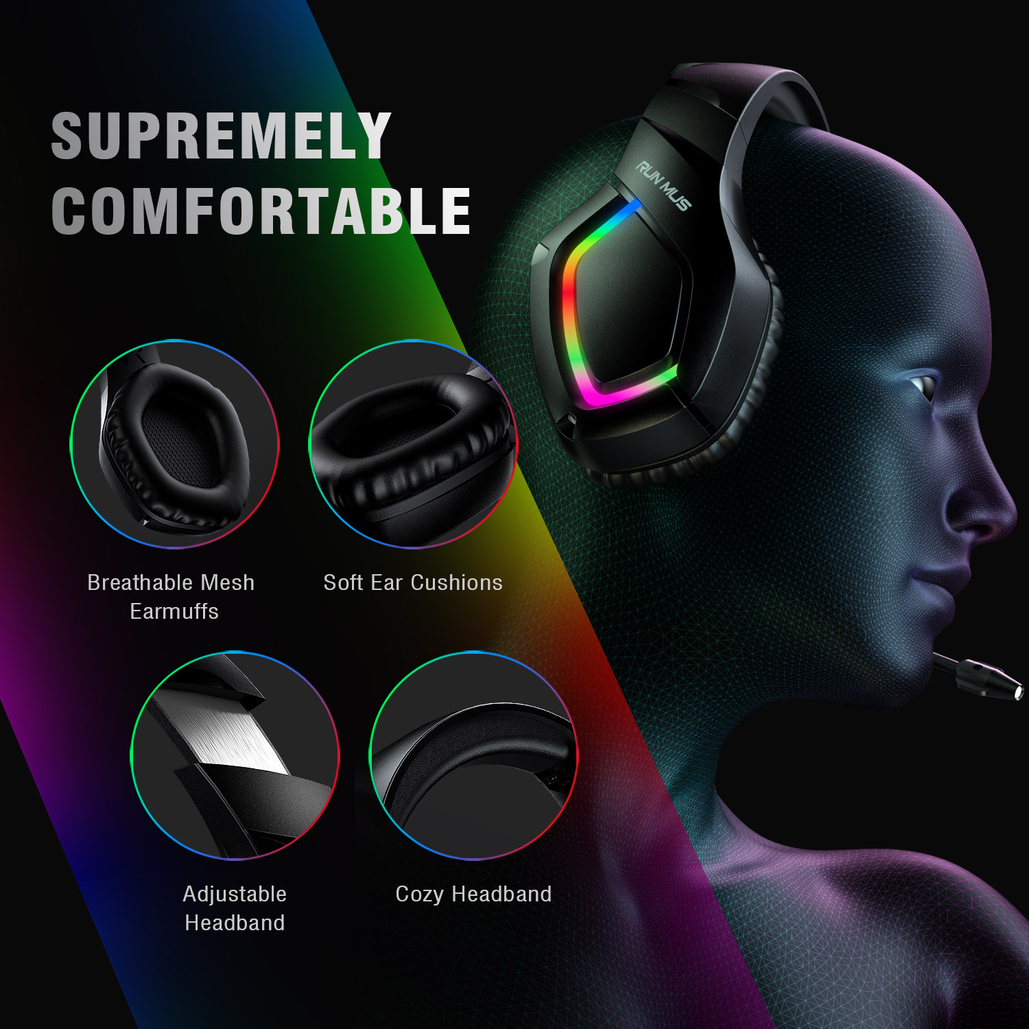 RUNMUS K1B Gaming Headset with 7.1 Surround Sound & RGB Light photo 4