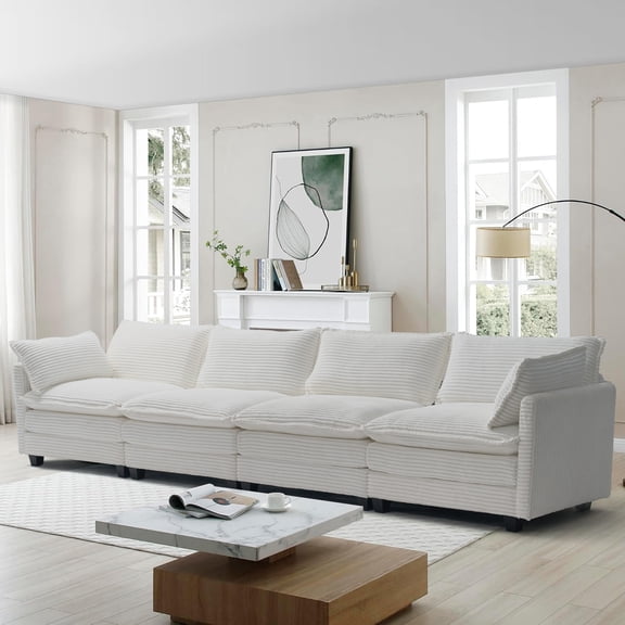 Betisef Modular Sectional Sofa W/ Deep Seat,Freely Combined Comfy Corduroy Couch,Arm Chair with Pillows for Living Room, Apartment, Studio, Office,4-seat Oversized Sofa White