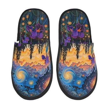 

Fuzoiu Cosmic Irises At Twilight Print Unisex Furry Slippers Plush Indoor Shoes Trendy House Slippers Anti-Skid EVA Sole House Shoes for Home Office and Travel -Large