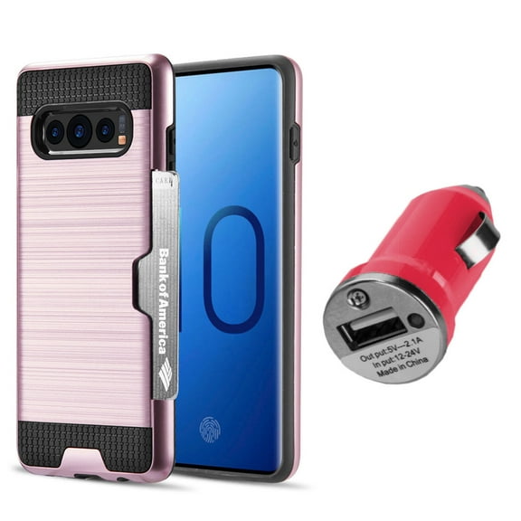 Luxury Dual Layer Hybrid Wallet Case for Galaxy S10 Plus (Rose Gold) w/ Credit Card ID Slot Holder & USB Car Charger Adapter - Lightweight w/ Button Covers, Shock Absorption, Raised Lip Guard