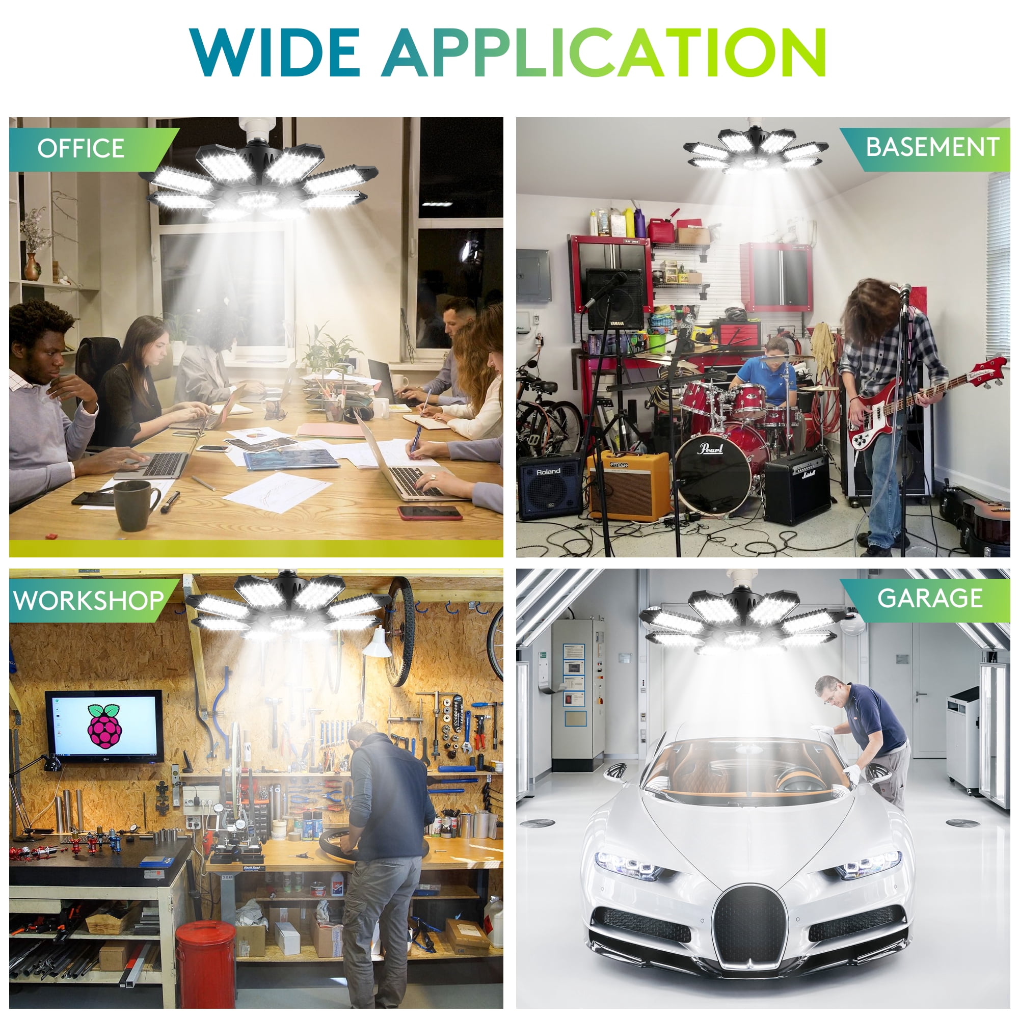 SUNBEAK LED Garage Light with 8+1 Deformable Panels 2 Pack,6500K LED Shop Lights,Warehouse Ceiling Light Bulb,E26/E27 for Basement,Workshop