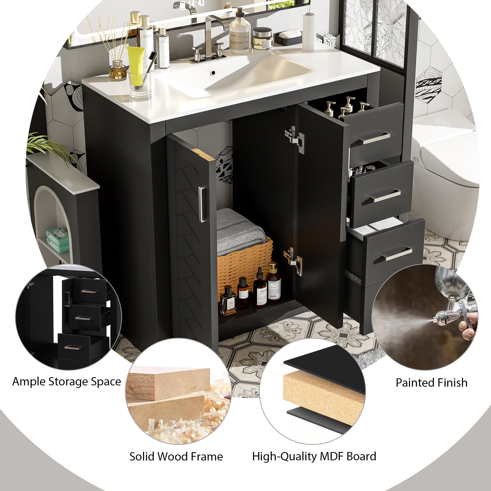 Euroco 36'' Bathroom Vanity with Ceramic Sink Combo, Solid Wood Frame Bathroom Storage Cabinet, Freestanding Vanity Set with 3 Drawers& Soft Closing Doors