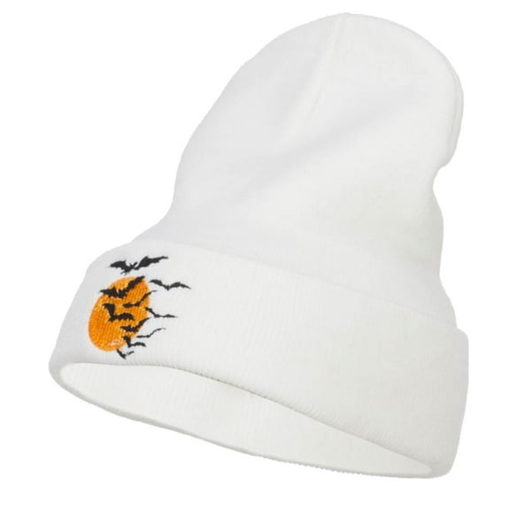 Bats Moon Halloween Embroidered Long Beanie - White OSFM