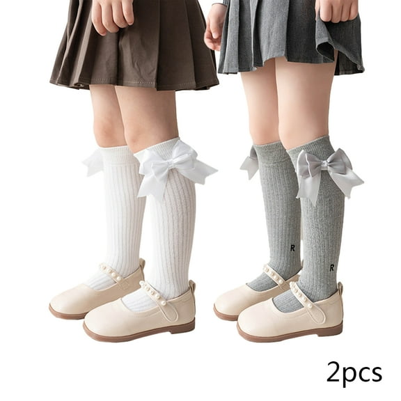 LYMAYTER Girls Flower Knee High Socks 2 Pairs for Kids Toddler Cotton Mid-Calf Sock Spring Fall winter Stacked Socks for 3-12 Years