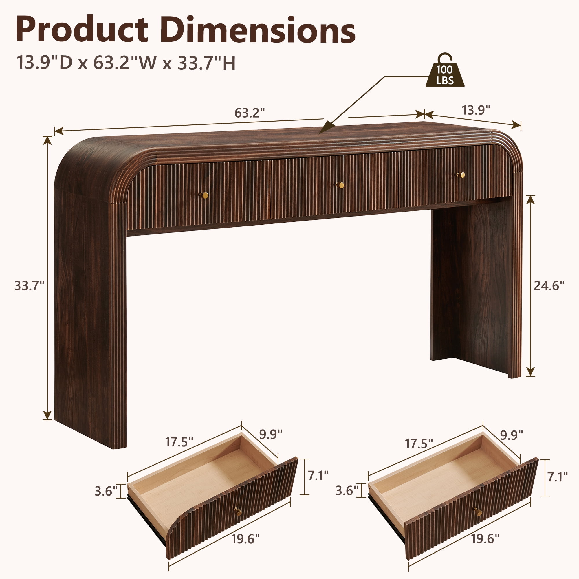 KeyWhat 63" Modern Fluted Console Table with 3 Drawers, Curved Edges & Anti-Tip Safety Kit