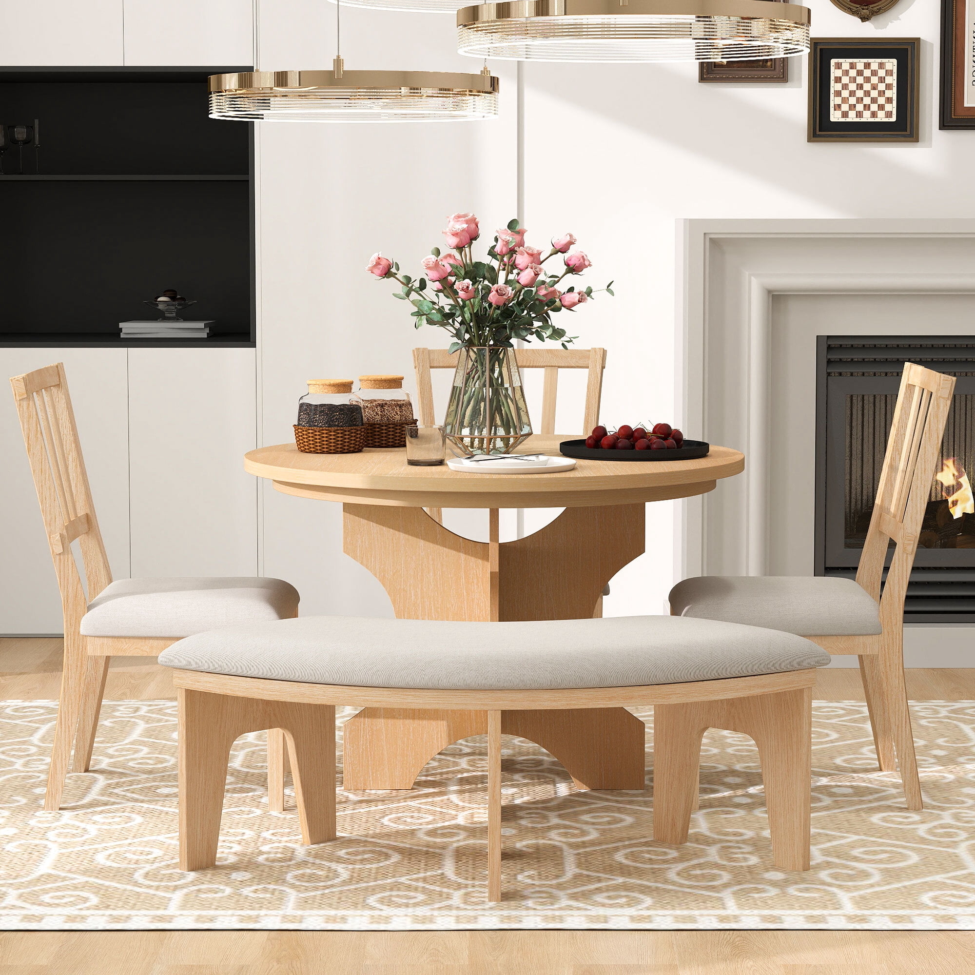 Euroco 5-Piece Round Dining Set,Rustic Kitchen Table Set with 3 Upholstered Chairs and Curved Bench for Dining Room/Kitchen/Living Room,Natural