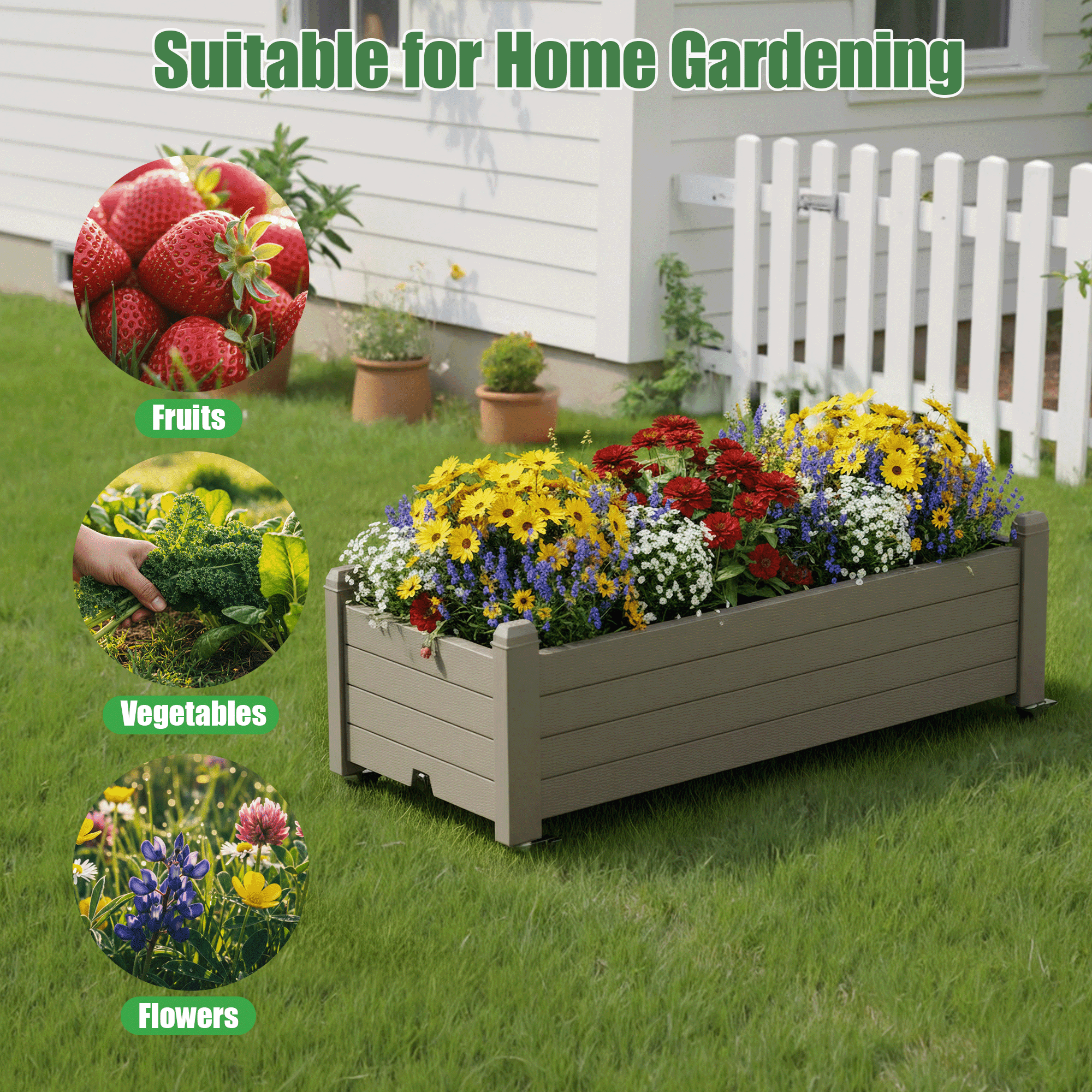 Bifanuo Durable Resin Raised Garden Bed, Plant Stand with Lockable Wheels for Flowers, Vegetables,Herbs- Perfect for Backyard, Patio, and Balcony(Gray)
