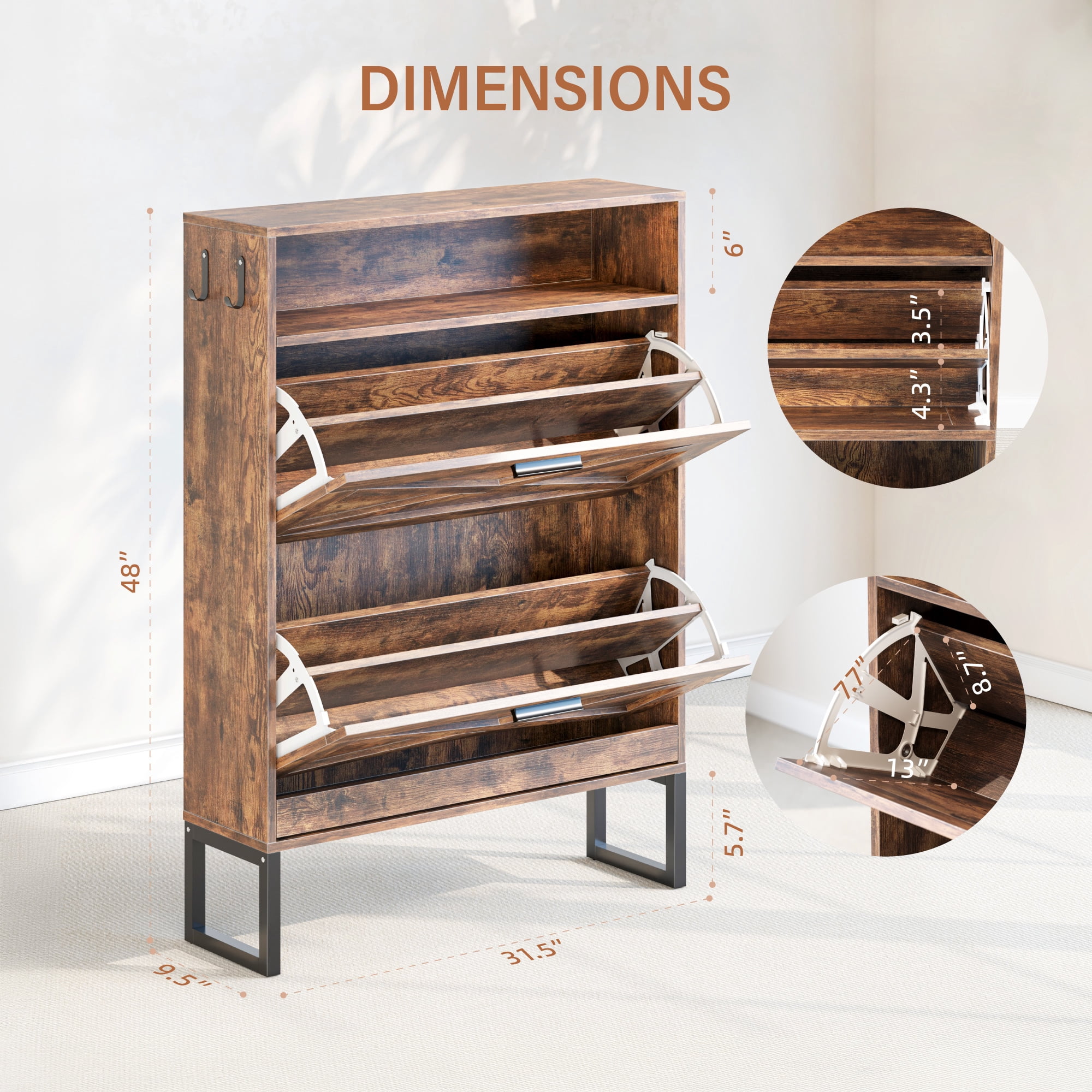 Furnibear Shoe Cabinet with Flip Door Shoe Storage and Adjustable Shelves for Entryway and Closet, Burnt Wood