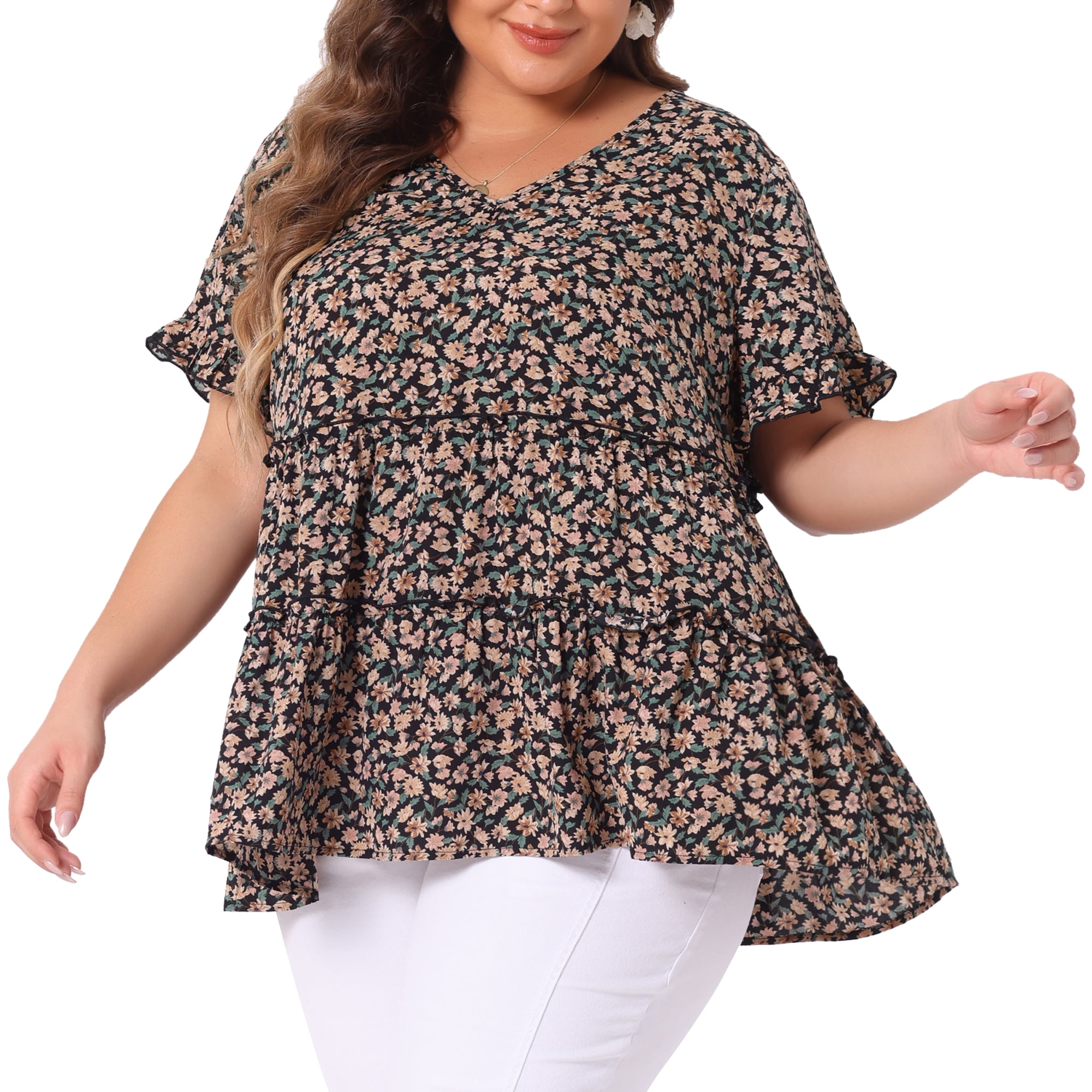 DARING DIVA Women's Plus Size V Neck Short Sleeve Floral Babydoll Blouse 6X Black Beige