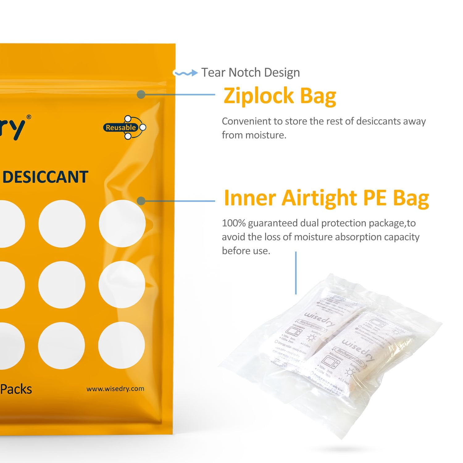 wisedry 50 Gram [10 Packs] Silica Gel Desiccant Packets Microwave Fast Reactivate Moisture Absorbers Bags with Indicating Beads for Closet Gun Safes Bathroom Food Grade