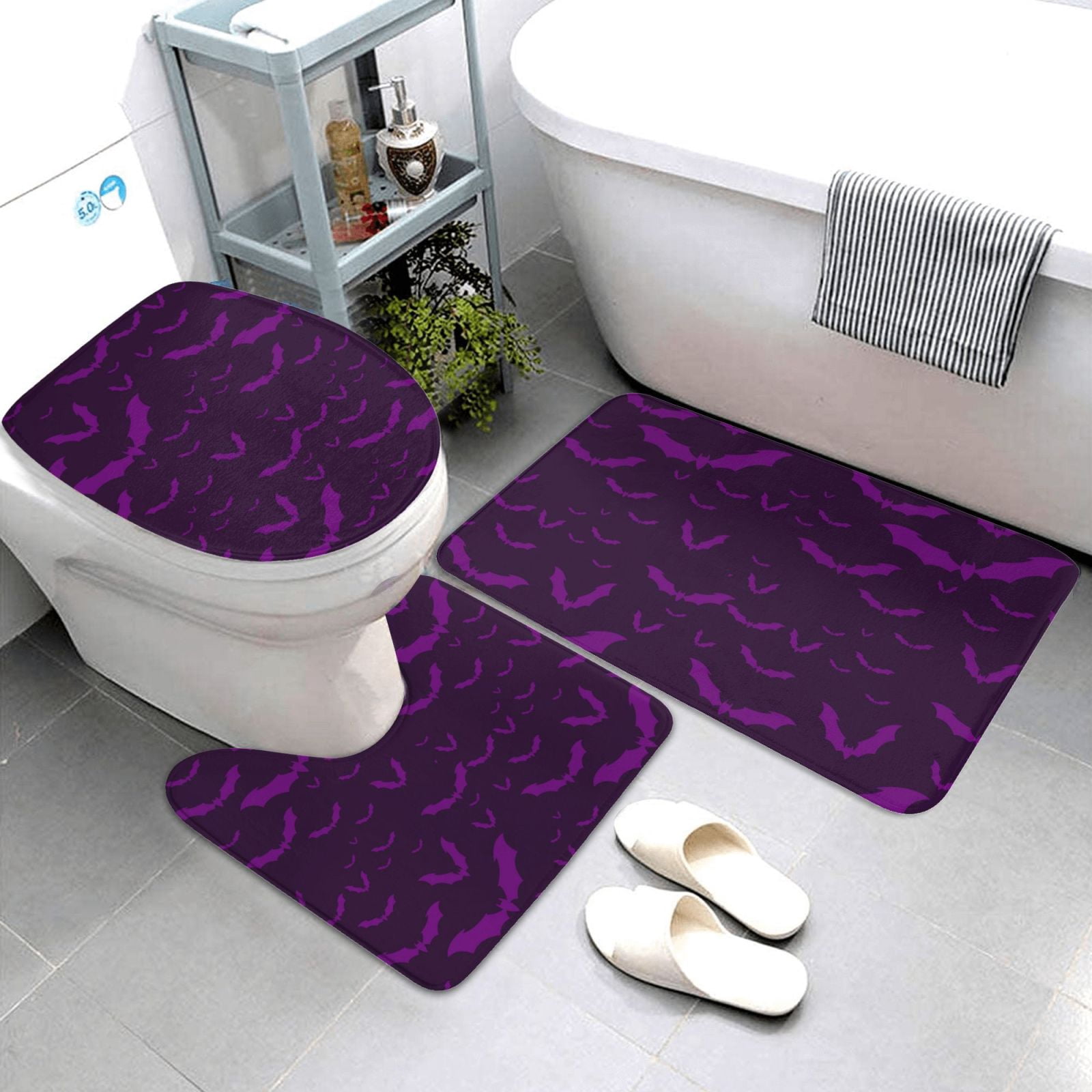 Bathroom Rugs Sets 3 Piece - bats Violet purple cool Absorbent Non Slip Bath Mats, U-Shape Toilet Lid Cover, Contour Mat, Soft Washable Shower Mats Bath Rug Mat for Bathroom Tub Toilet