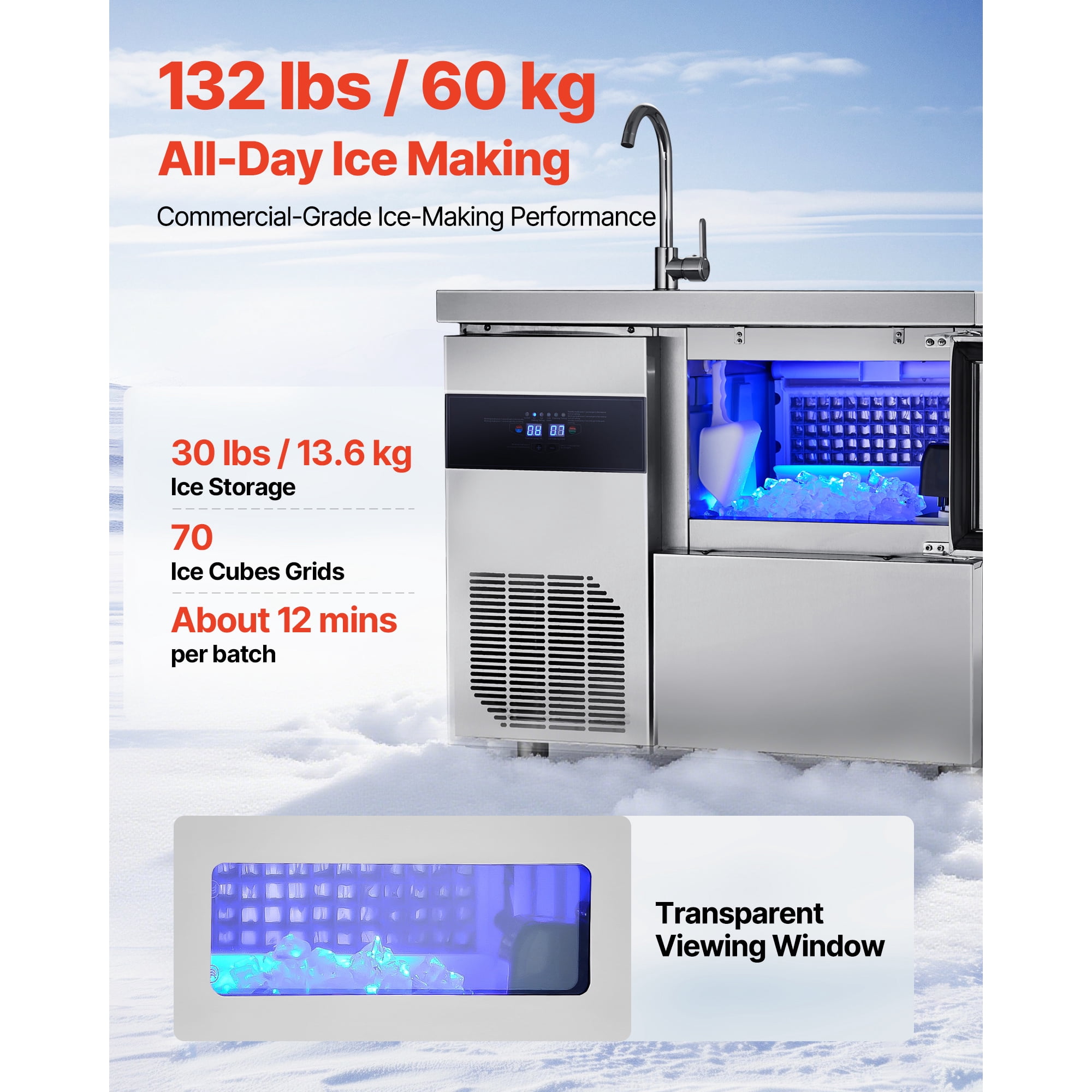 KFFKFF Commercial Ice Maker Machine, 132 lbs/24H Stainless Steel Ice Maker with Integrated Sink, 30 lbs Storage & 70 Cubes per Cycle, Self-Cleaning Freestanding Unit for Home, Bar, or Restaurant Use