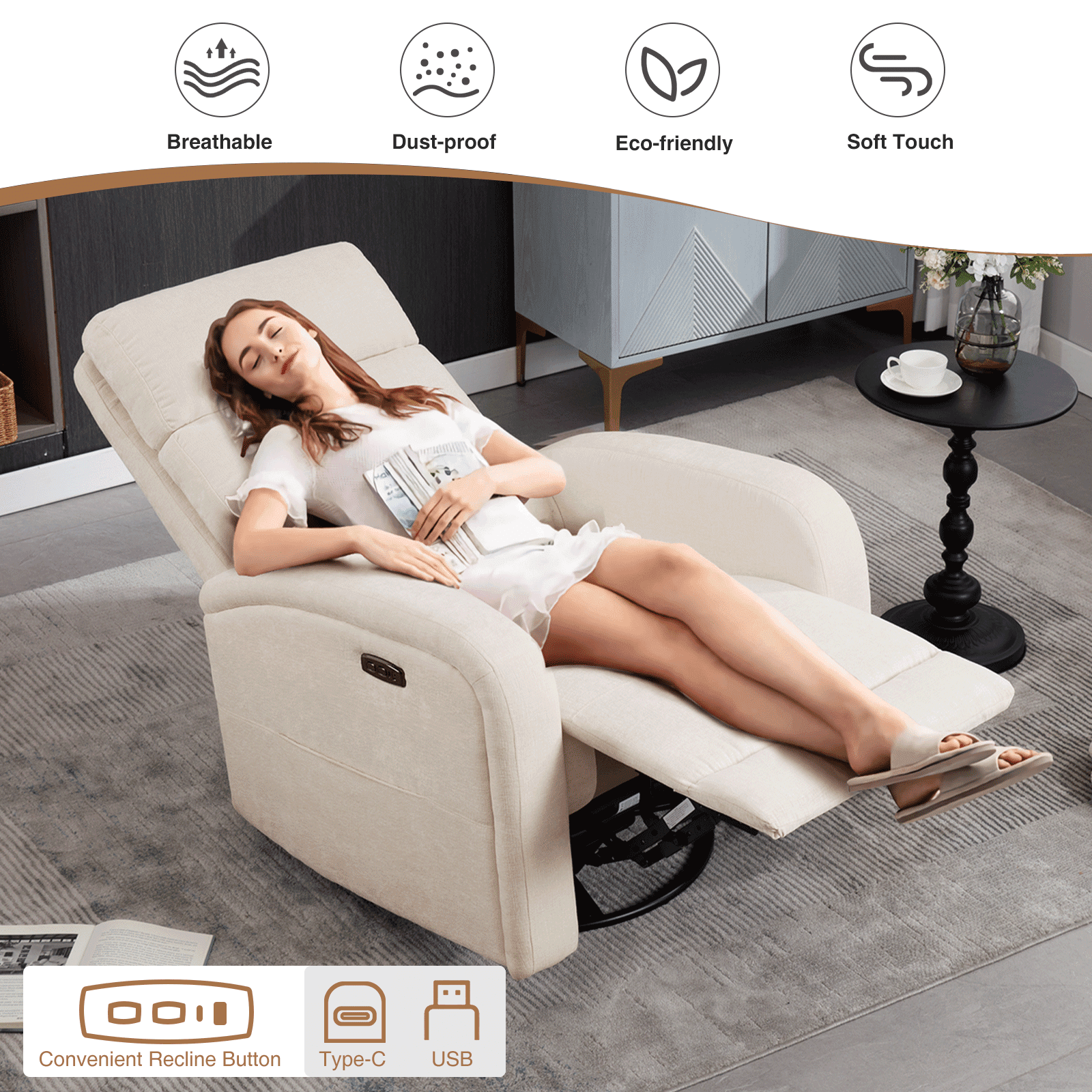 Aemeios Power Swivel Rocker Recliner Chair, Chenille Nursery Recliner for Living Room, Camel